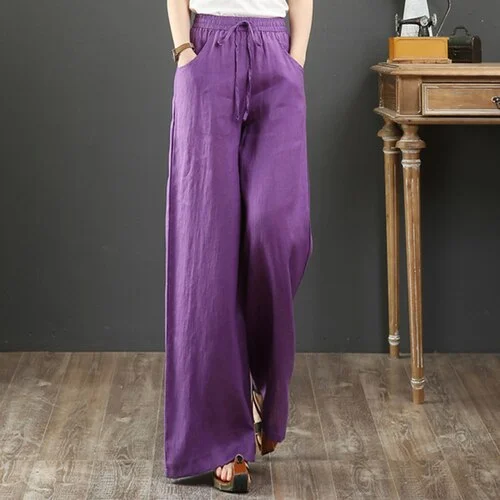 Casual Pants Women Linen Casual Ins S-3XL Female Elegant Popular Spring Baggy Ulzzang Drawstring Wide Leg Trouser 21 Colors Chic