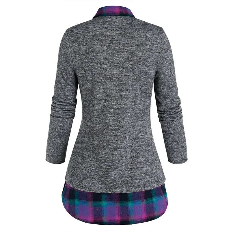 Women's Top Knitted Plaid Stitching Long Sleeves