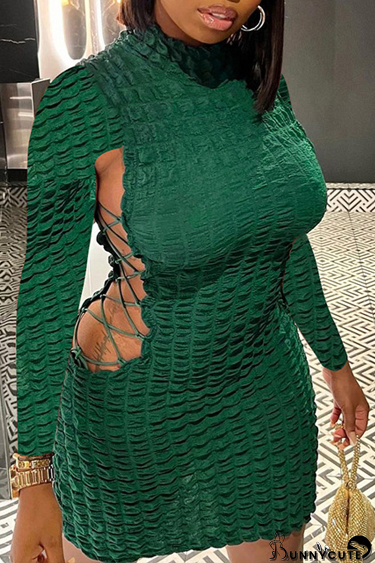 Green Sexy Solid Hollowed Out Half A Turtleneck Pencil Skirt Dresses