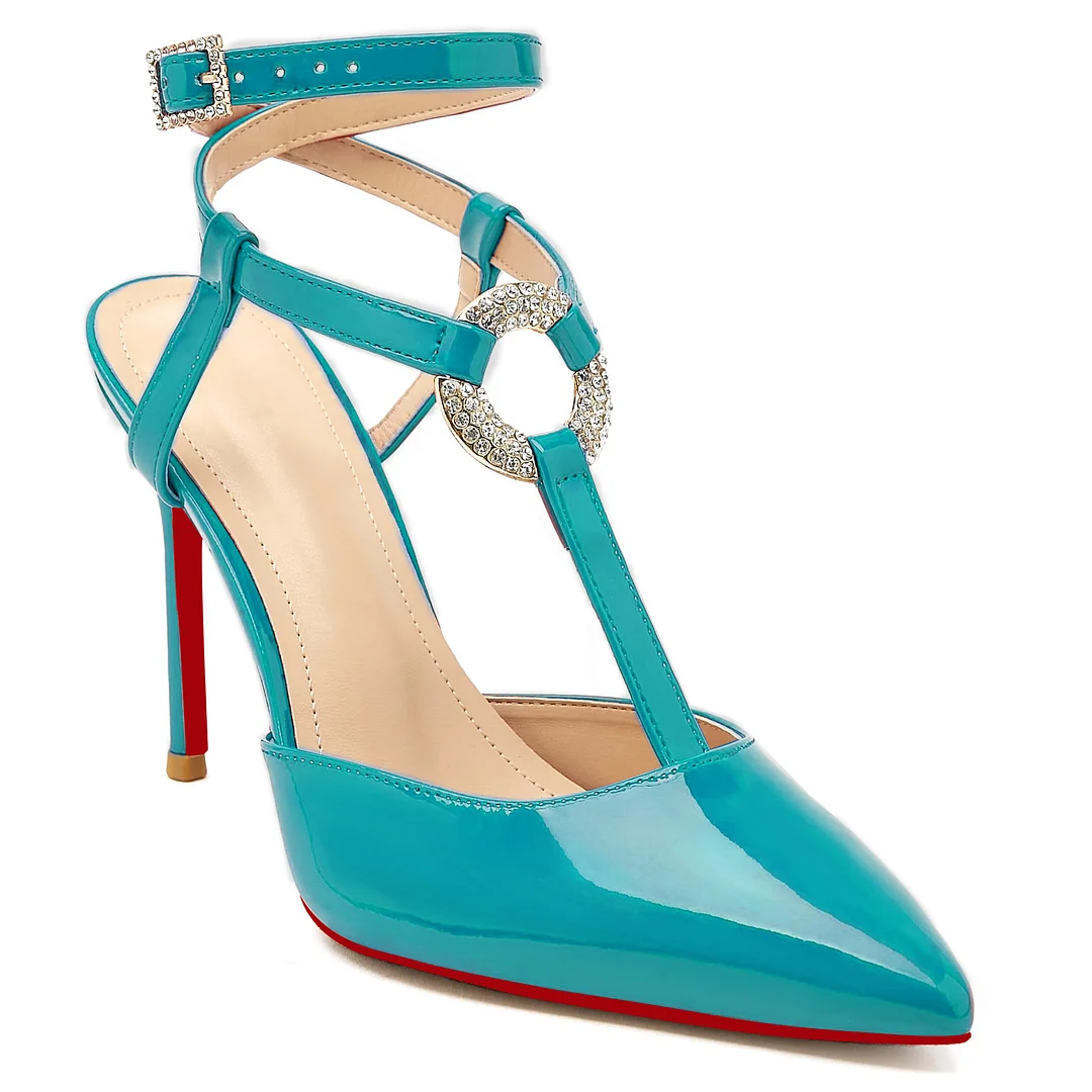 100mm Women Slingback Red Bottoms  Pumps Ankle Strap Jenlove Stiletto High Heel Diamond Close Pointed Toe Dress Patent Shoes-MERUMOTE