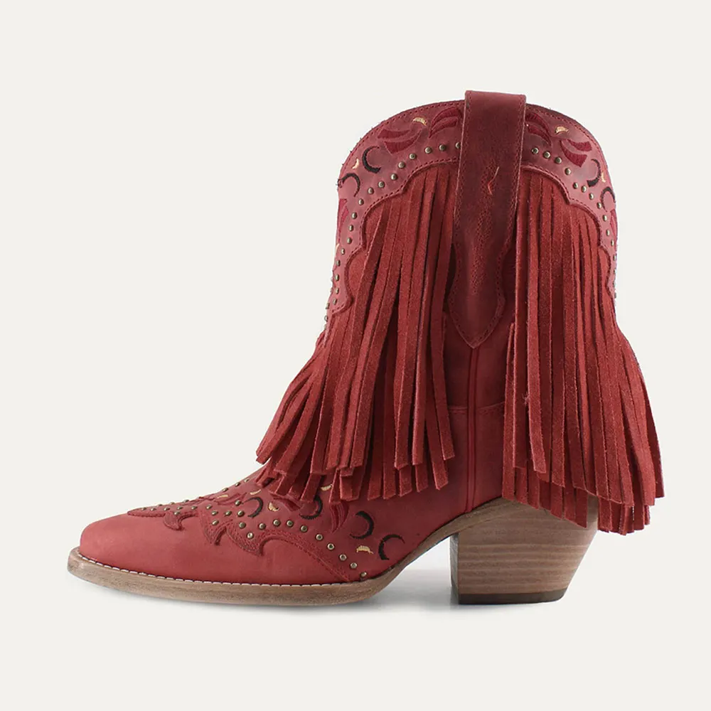 Red Snip Toe Fringe Chunky Heel Embroidered Cowgirl Boots with Studs