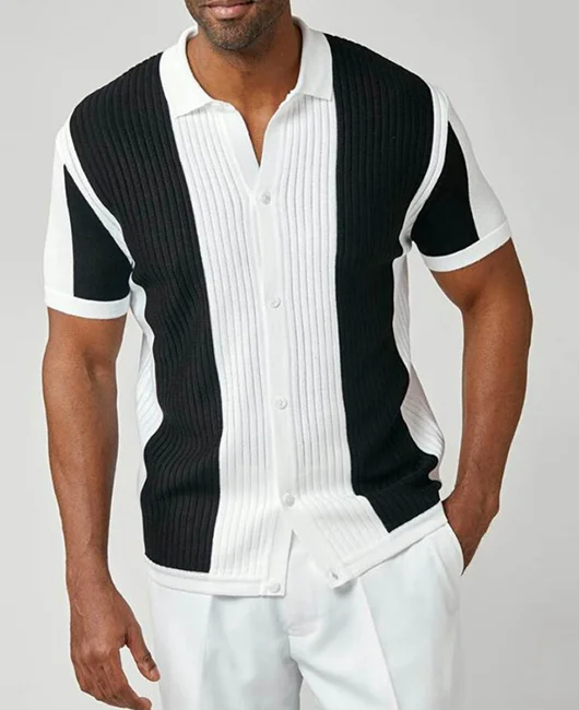 Fashion Color Block Stripe Lapel Collar Short Sleeve Slim Fit Shirt 