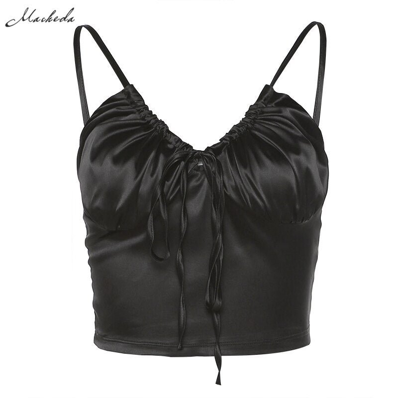 Macheda Women Casual Sleeveless Strappy Vest Top V-neck Tanks Ladies Solid Color Tops Spring Summer Party Streetwear 2020 New