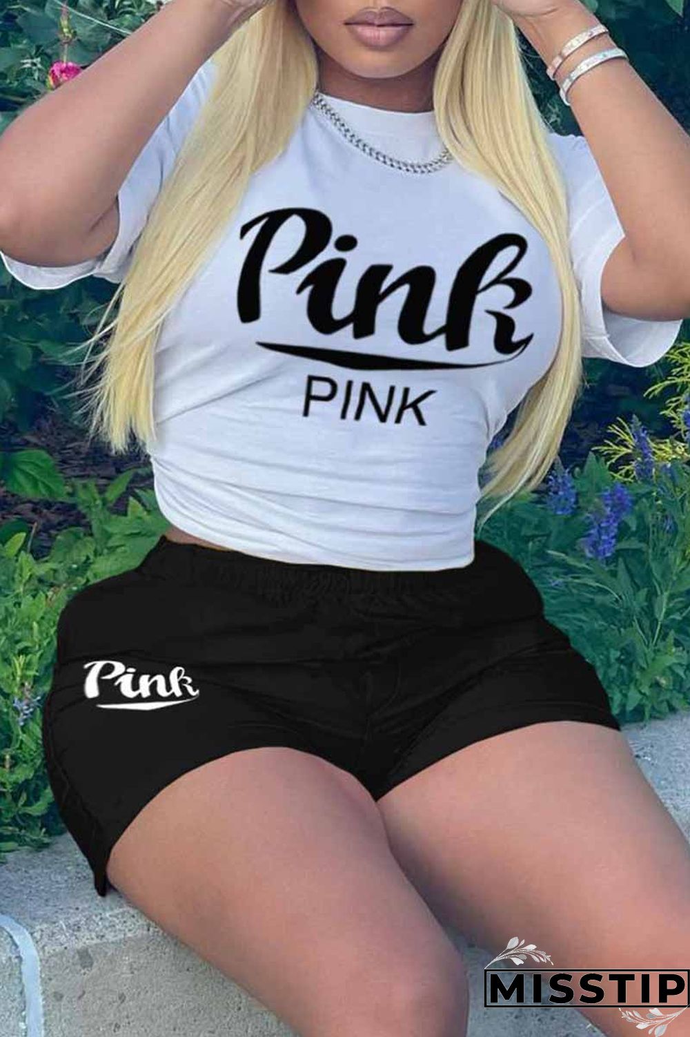 White Red Casual Print Letter O Neck Short Sleeve Two Pieces