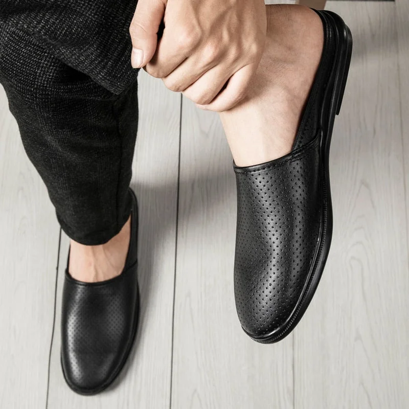 Luxury Design Half Shoes for Men Leisure Breathable Genuine Leather Mens Shoes Summer Slippers Men Loafers Slip-on Flip Flops