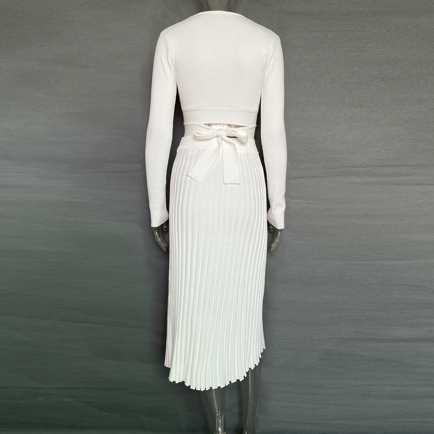 Ootddress New White Knit Two Piece Women Sets Fall Ribbed Crop Top And Pleated Knitted Skirt Suits For Women Midi Dress Sets 2025