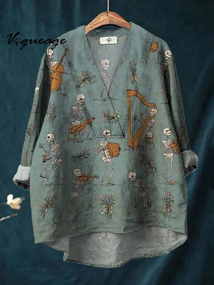 A Group Of Skeletons Happily Playing Musical Instruments Printed Cotton And Linen Shirt