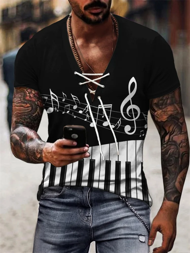 BrosWear Men's Music Notes Piano Keys Contrast Lace Up T Shirt