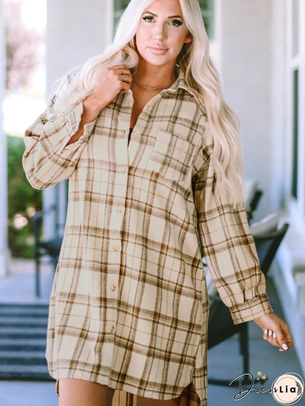 Khaki Plaid Button Up Shirt Dress with Western Flair
