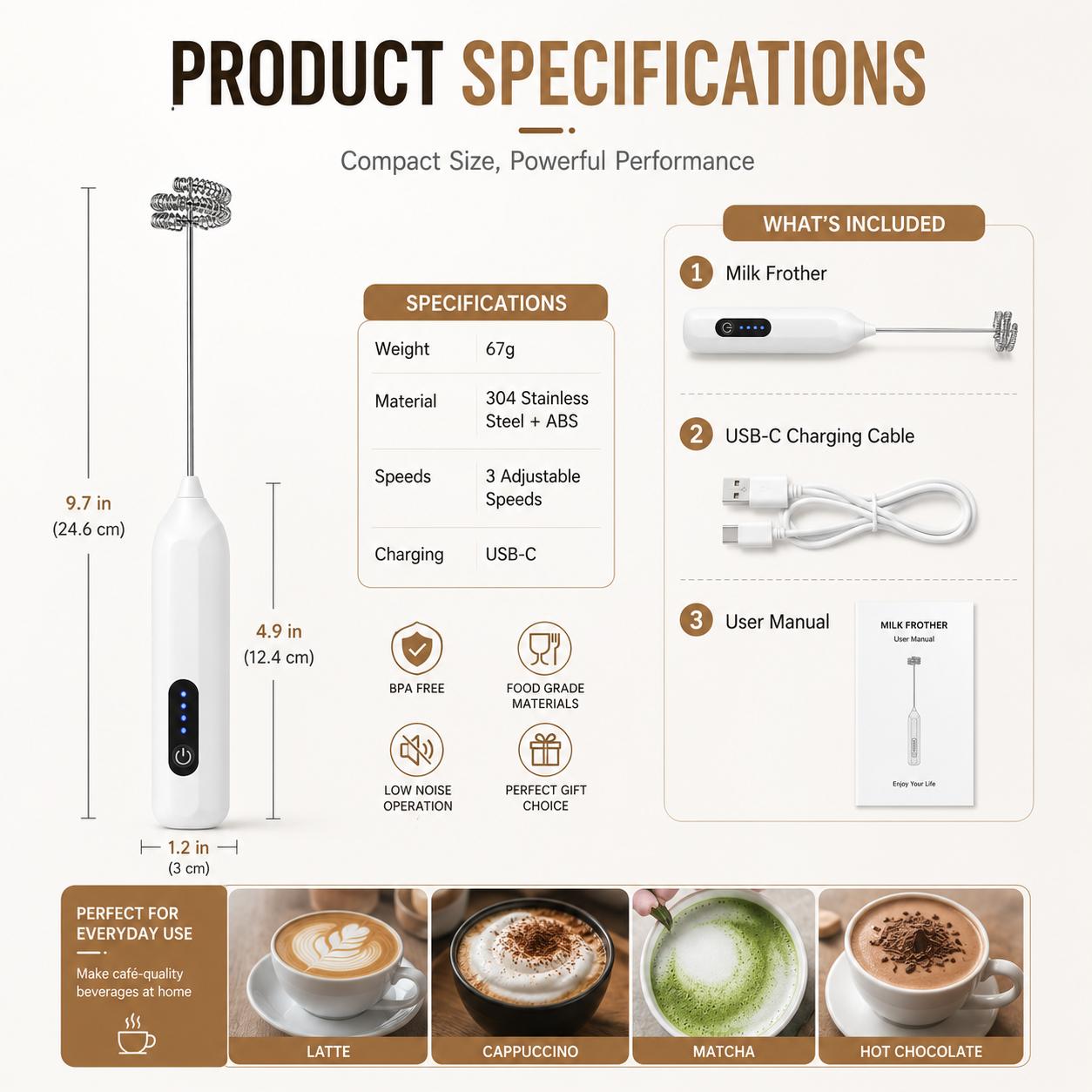 Compact lightweight electric milk frother size