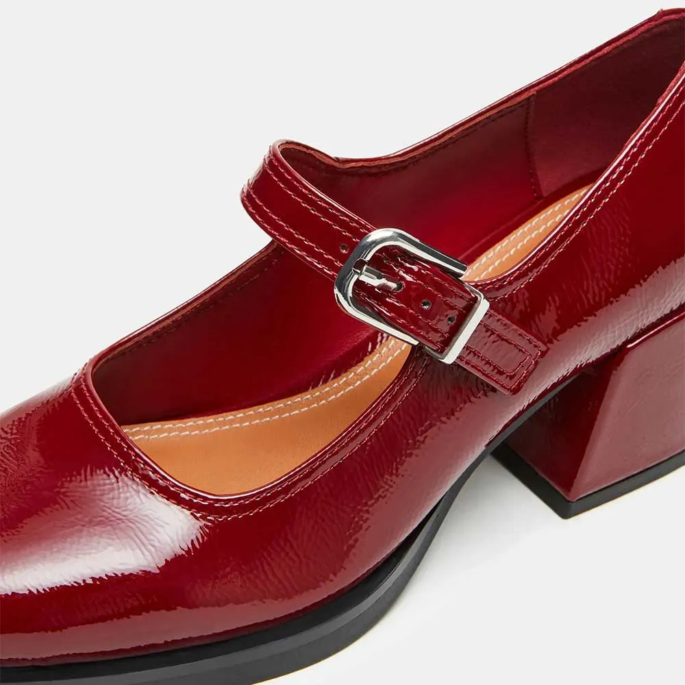 Vegan Leather Square Toe Mid Block Heel Mary Jane Red Pumps