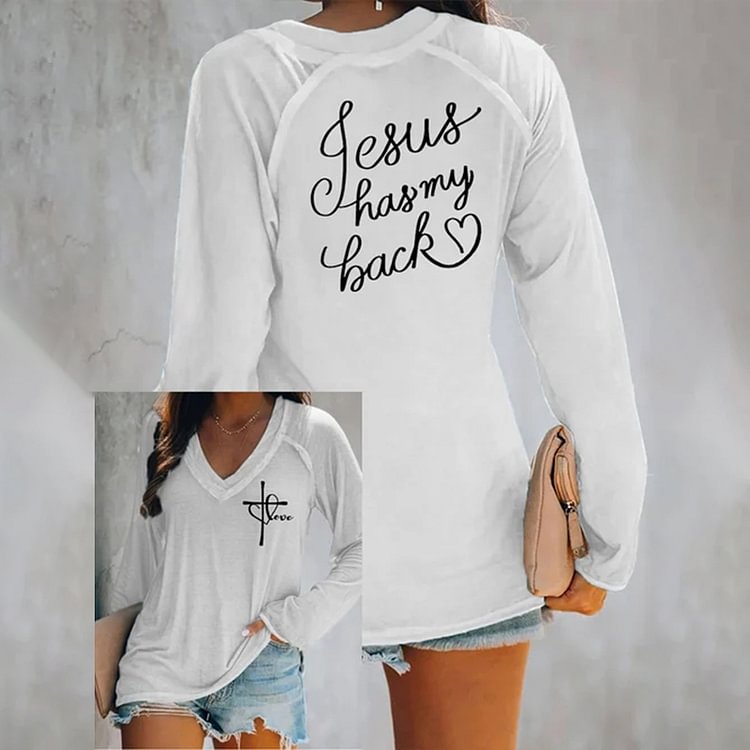Comstylish Love Like Jesus Jesus Has My Back Casual V-Neck Long Sleeve T-Shirt