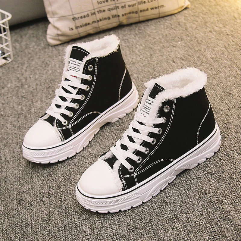 Lourdasprec Christmas Gift Autumn Winter High Top Cotton Shoes for Women Fashion Sneakers Comfortable Warm Plus Velvet White Casual Canvas Shoes
