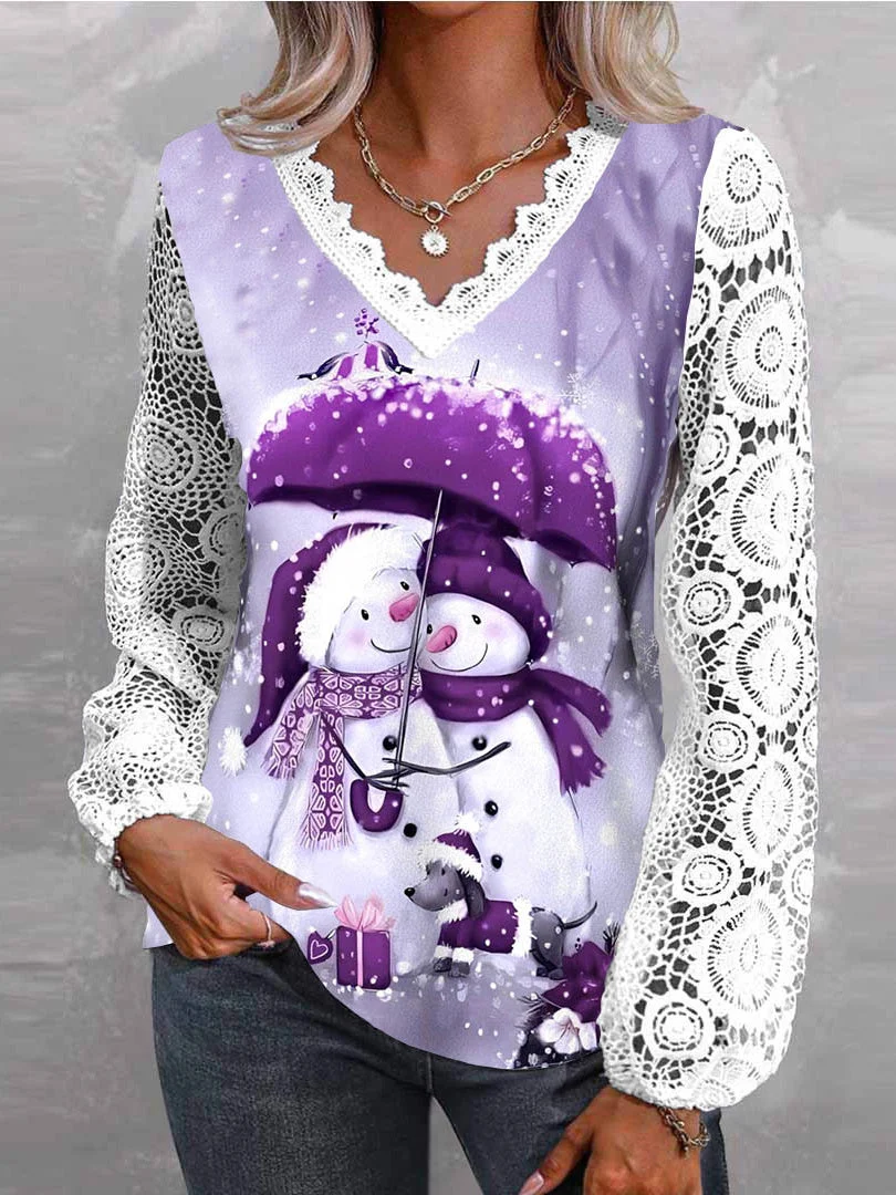 Women Long Sleeve V-neck Snowman Printed Lace Christmas Tops
