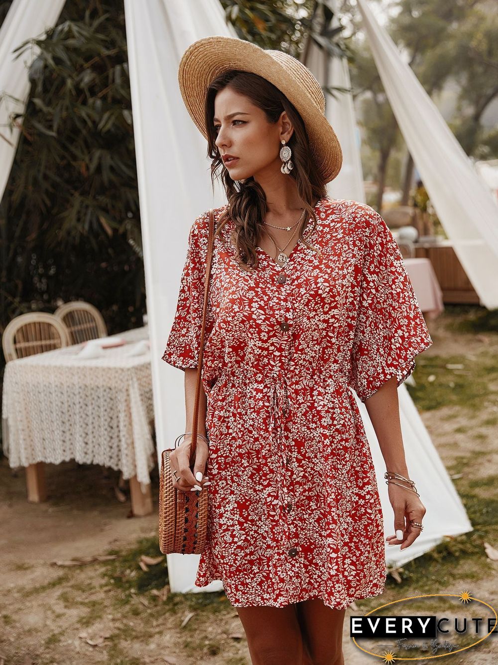 Floral V-Neck Half Sleeve Mini Dress