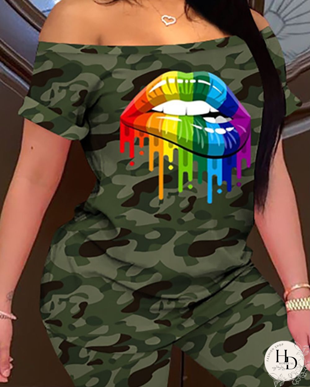 Camouflage Lip Print Off Shoulder Top & Short Set