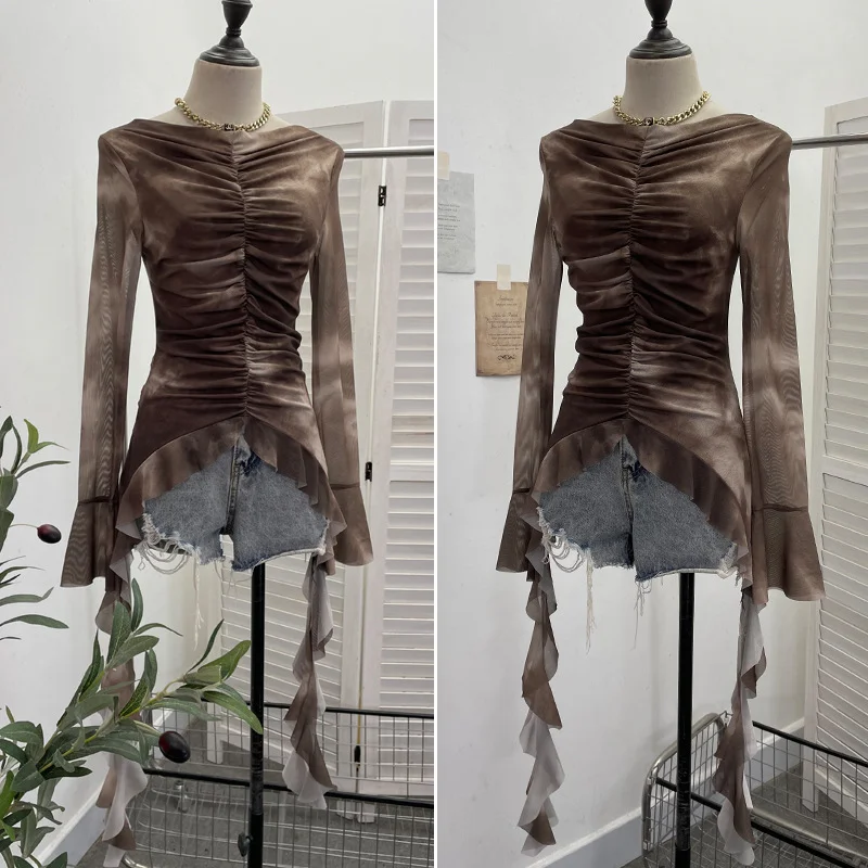 Nigikala Nigikala Shooting Hot Girl Horn Sleeve Net Yarn Bottom Shirt Girl Body Waste Wind Irregular Ribbon Long-Sleeved Top 2708