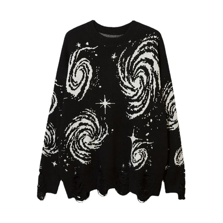 Knitted Sweater Y2K Retro Pleated Swirl Line Print Loose Hole Sweater at Hiphopee