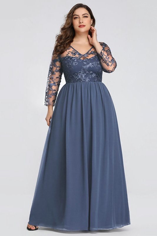 Elegant Dusty Blue Long Sleeve Plus Size Evening Gowns - lulusllly