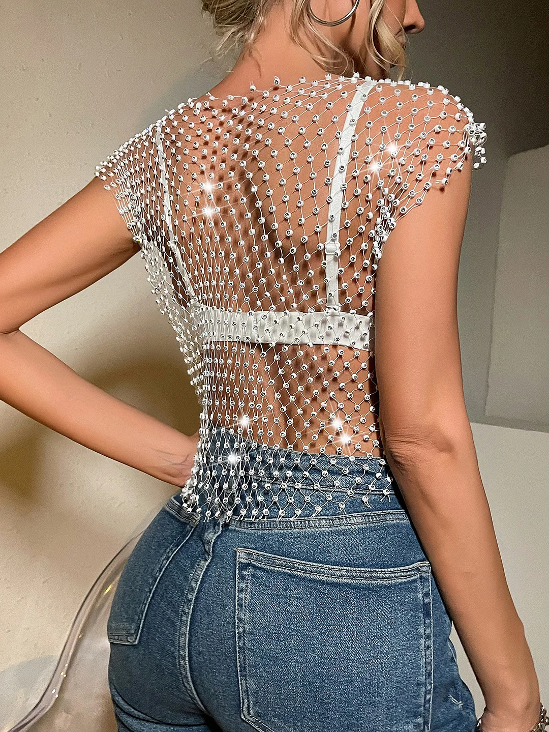 Brownm Brownm Direct Selling Hot Fishing Net Bright Drill Slit Sexy Crop Vest Y21157