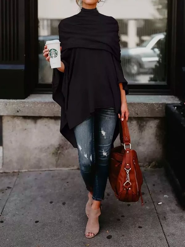 Asymmetric Solid Color Zipper A-Line Long Sleeves High Neck Midi Dresses