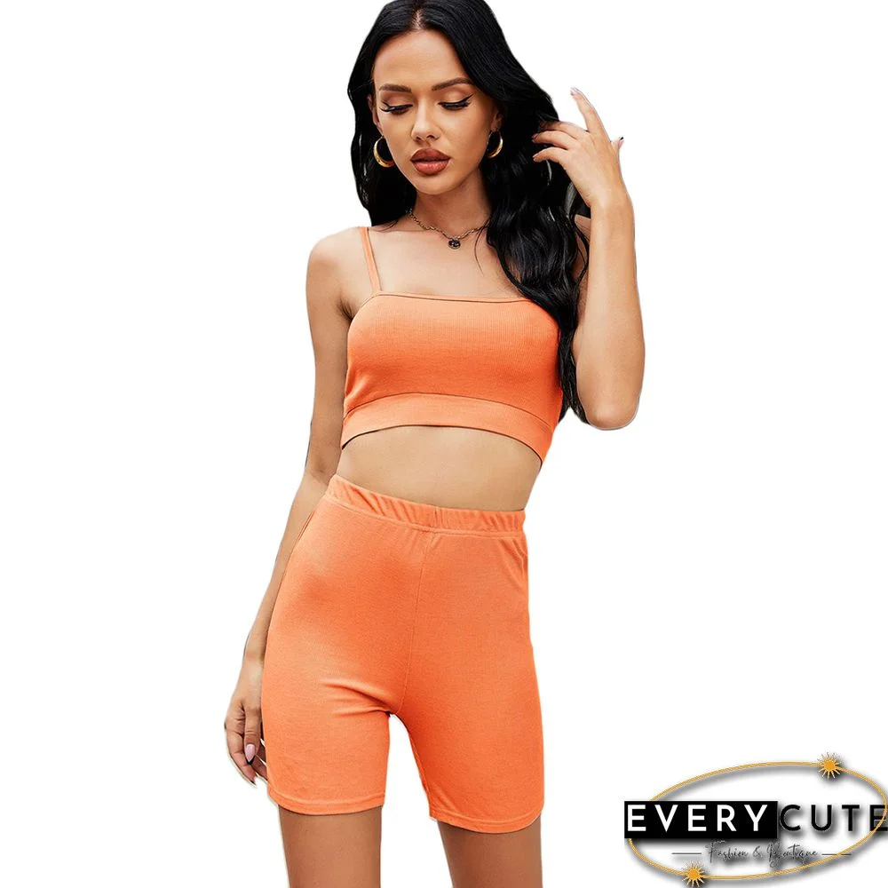 Orange Spaghetti Straps Crop with Shorts Loungewear