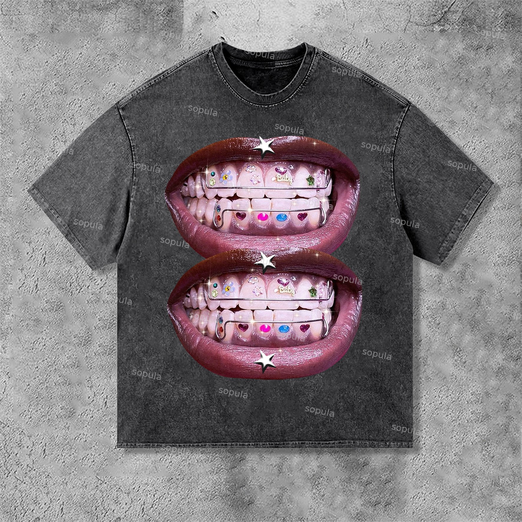 Unisex Lip Graphic Print Street Acid Washed T-Shirt - SOPULA