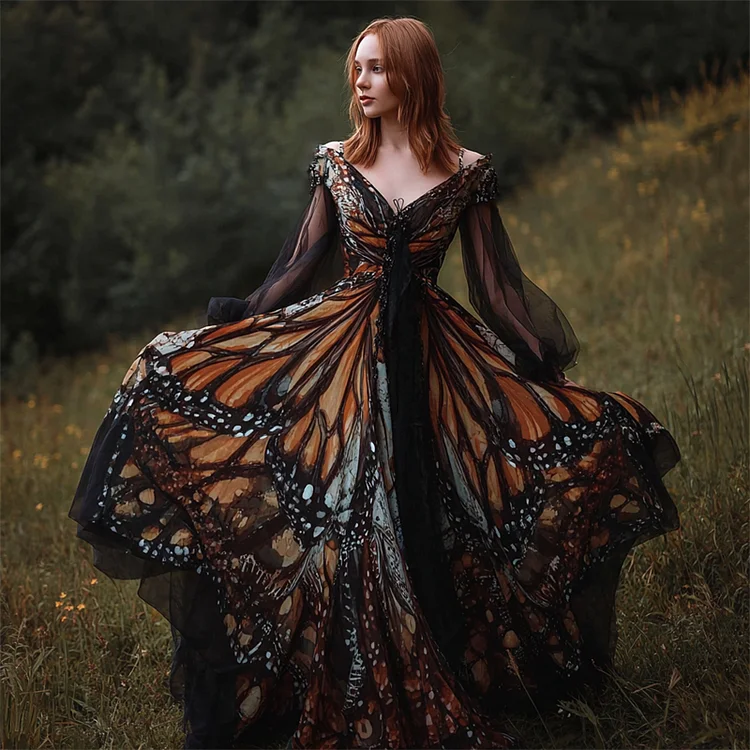 Vintage Butterfly Inspired Wide Skirted Flowy Maxi Dress