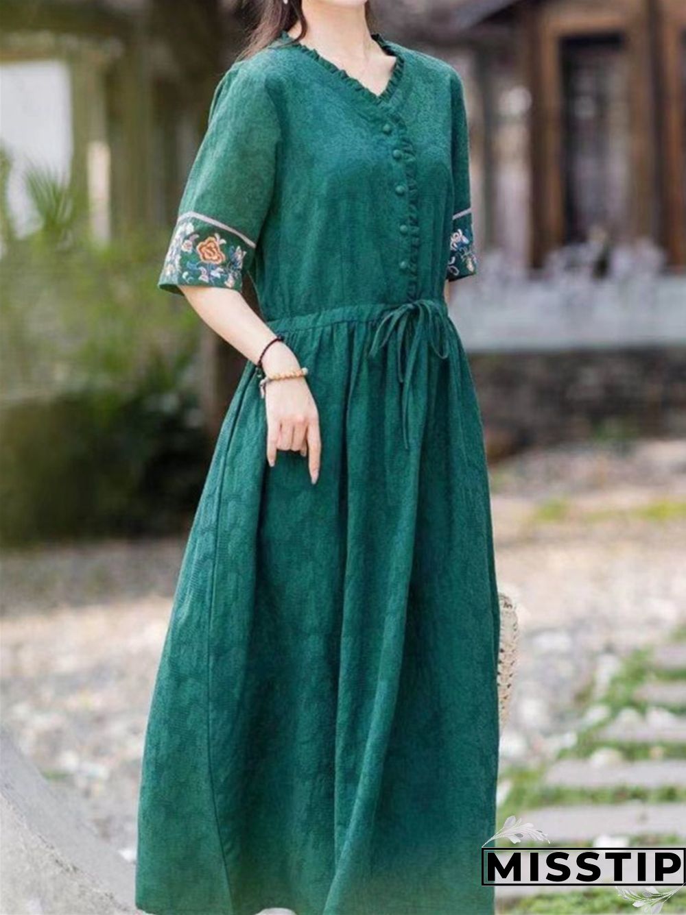 Embroidered V-neck Cotton Linen Dress Loose Lace Up Long Skirt