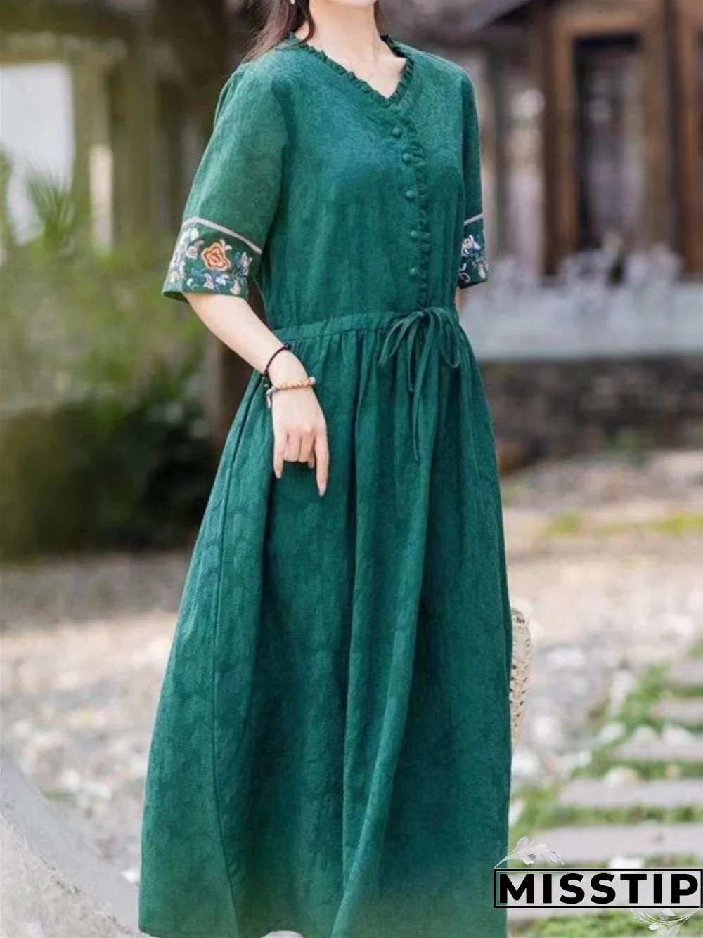 Embroidered V-neck Cotton Linen Dress Loose Lace Up Long Skirt