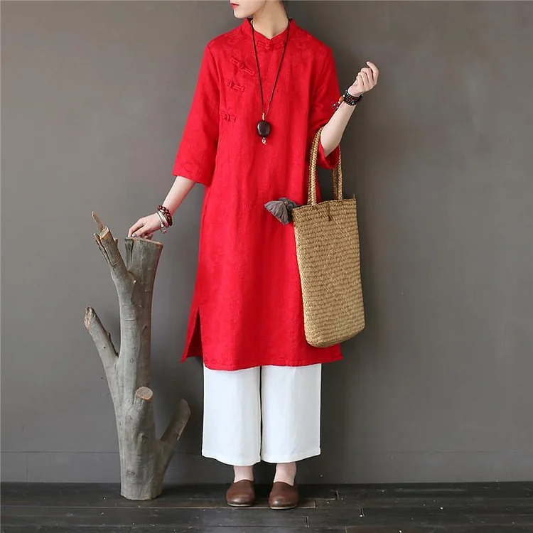 Elegant bracelet sleeved Cotton stand collar clothes Women Tutorials red Dress