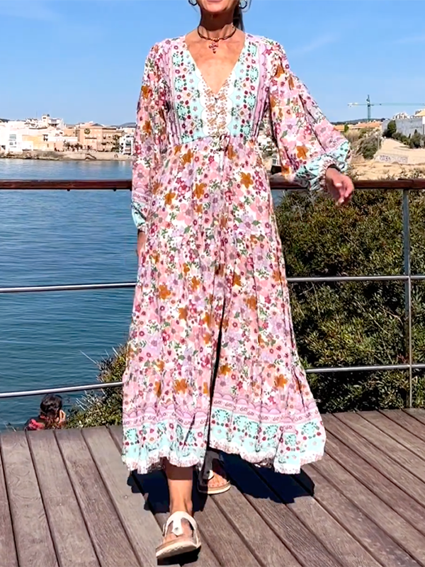 Color-Block Floral Printed Long Sleeves Loose V-Neck Maxi Dresses