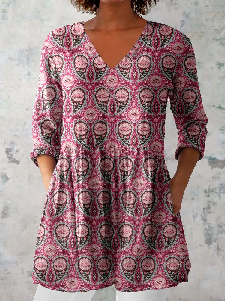 Women's Classic Retro Round Neck Floral Pattern Cotton and Linen Top