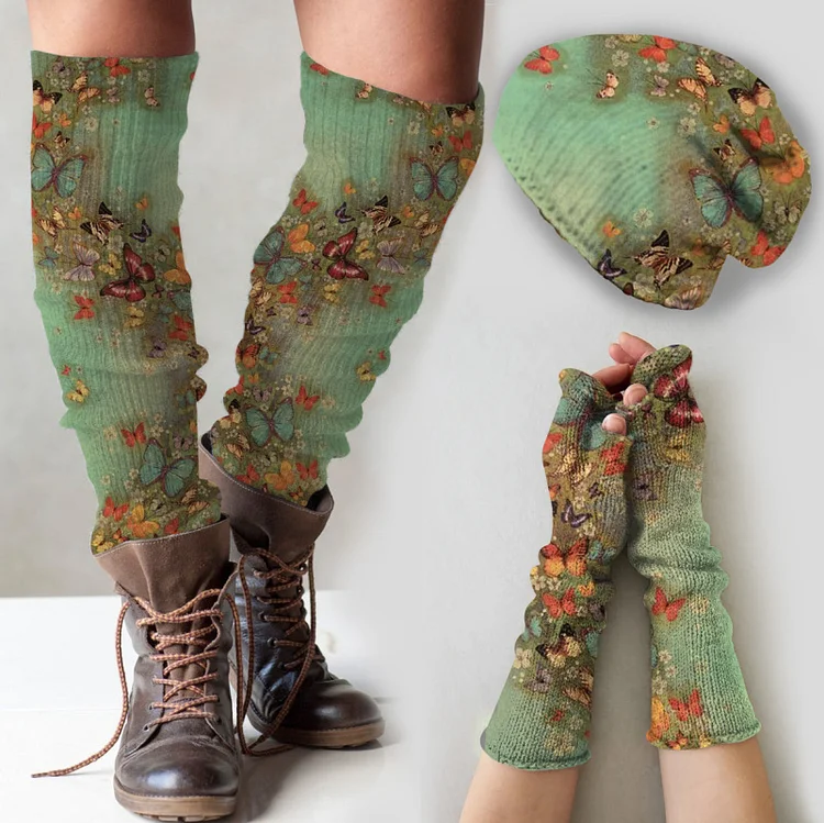 （Ship within 24 hours）Vintage cat print knitted hat +leg warmers + fingerless gloves set