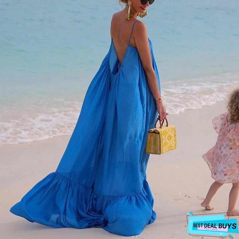 Elegant Spaghetti Strap Flowing Plain Maxi Dress