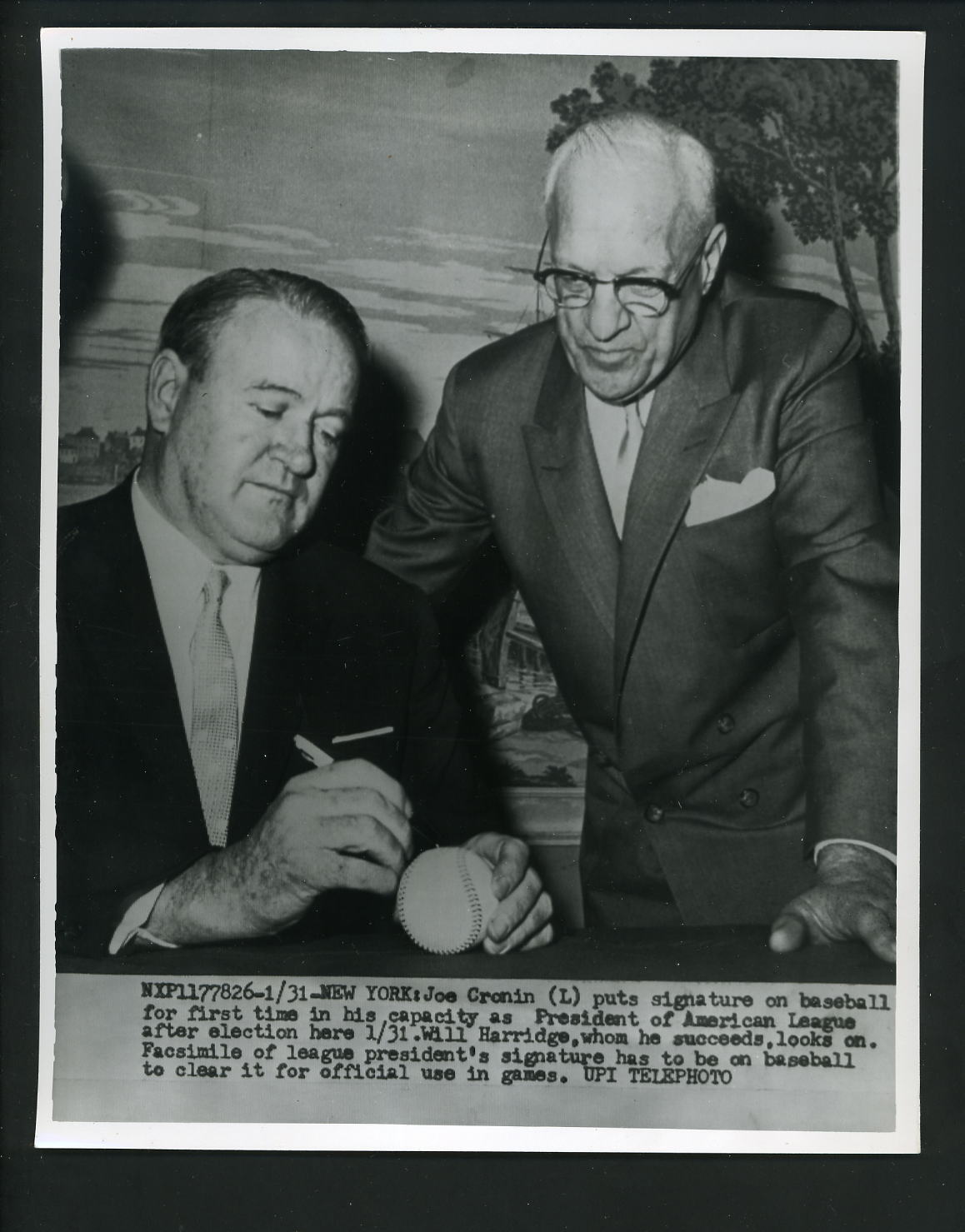 Joe Cronin signs for new AL baseball & Will Harridge 1959 Press Photo Poster painting Red Sox