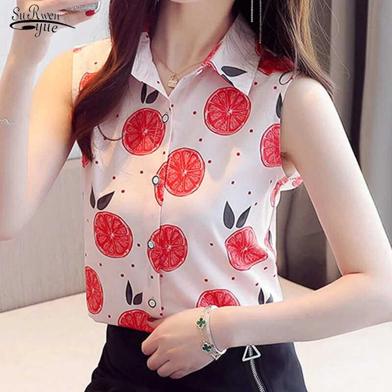 Casual Plus Size Cardigan Women's Shirt Spring New Summer Sleeveless Chiffon Shirt for Women Printed Ladies Tops Clothes 9456 50