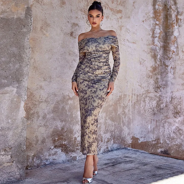 Mesh Printed Rhinestones Slim Fit Dress