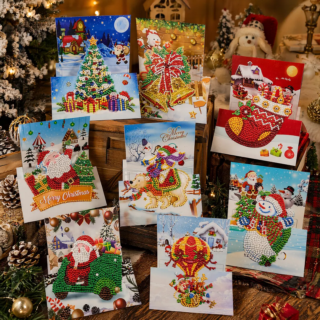 8PCS 3D Christmas DIY Diamond Painting Greeting Card Kits with Envelopes Diamond Art Greeting Cards Diamond Art Cards Kits for Adults DIY Crafts Family Friend Gifts