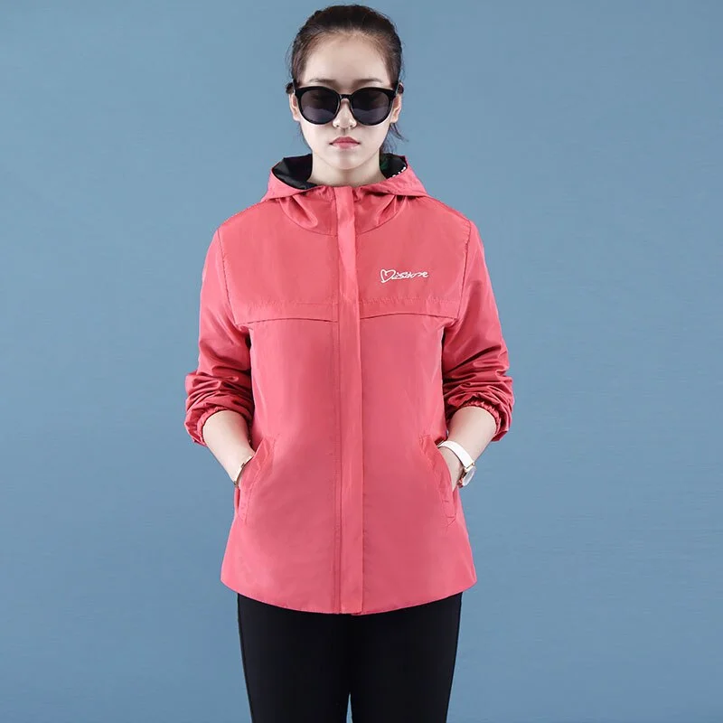 NEEDBO Women Hooded Jackets Two Side Wear Print Outwear Coat Female Windbreaker Tops Pocket Zipper Jackets Causal Windbreaker