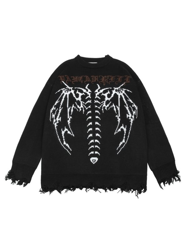 Dark Goth Statement Skull & Letter Jacquard Ripped Fringed Oversize Sweater