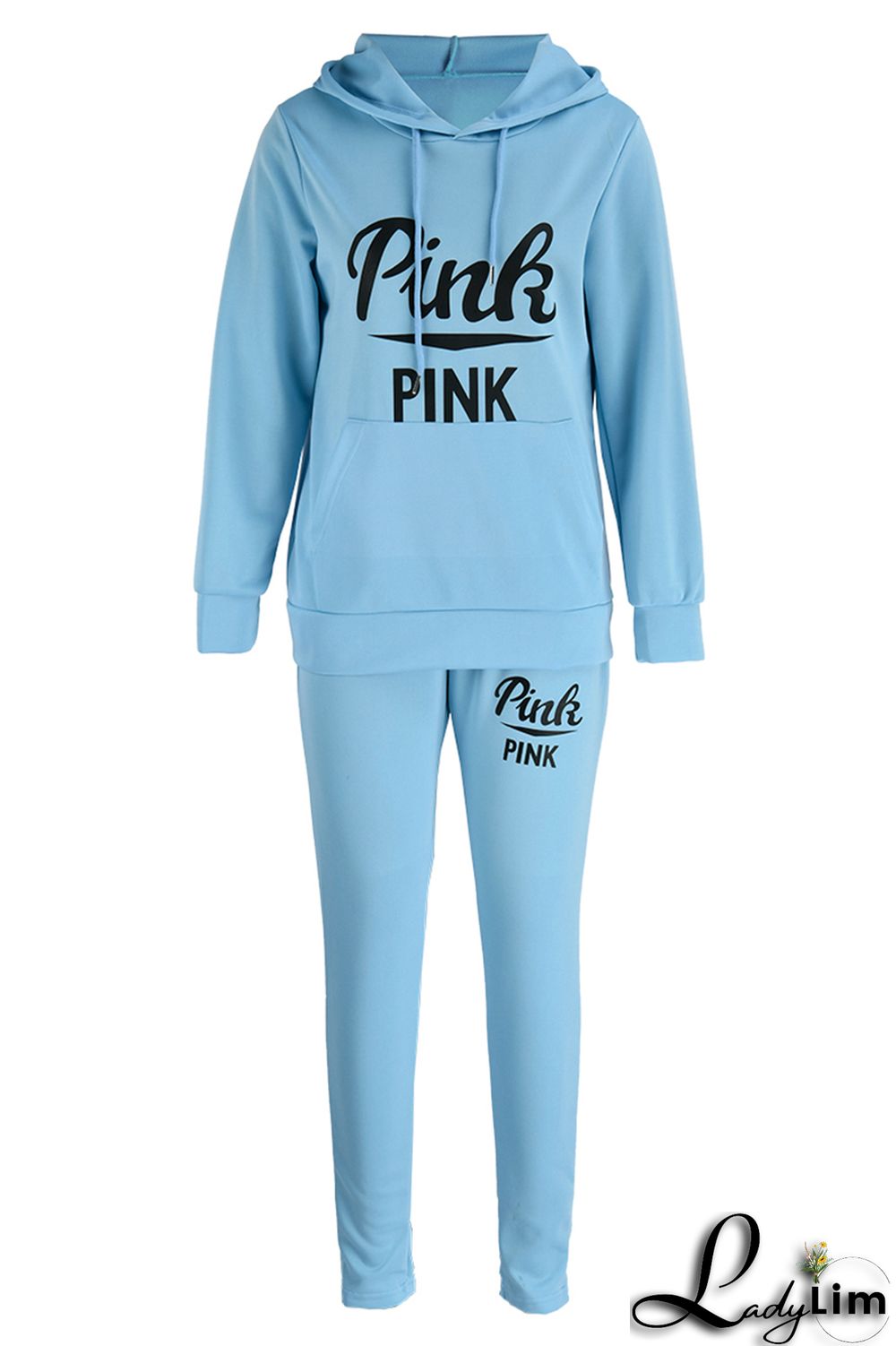 Blue Fashion Casual Letter Print Patchwork Hooded Collar Long Sleeve Two Pieces