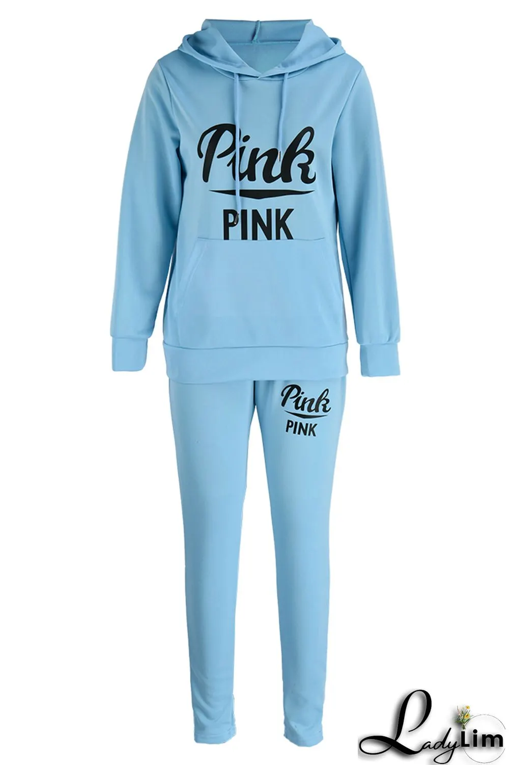 Blue Fashion Casual Letter Print Patchwork Hooded Collar Long Sleeve Two Pieces