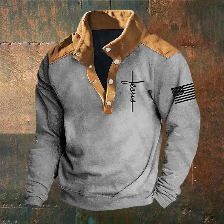 Utbros Men's Vintage Retro American Flag Printed Stand Collar Half-Zip Sweatshirt
