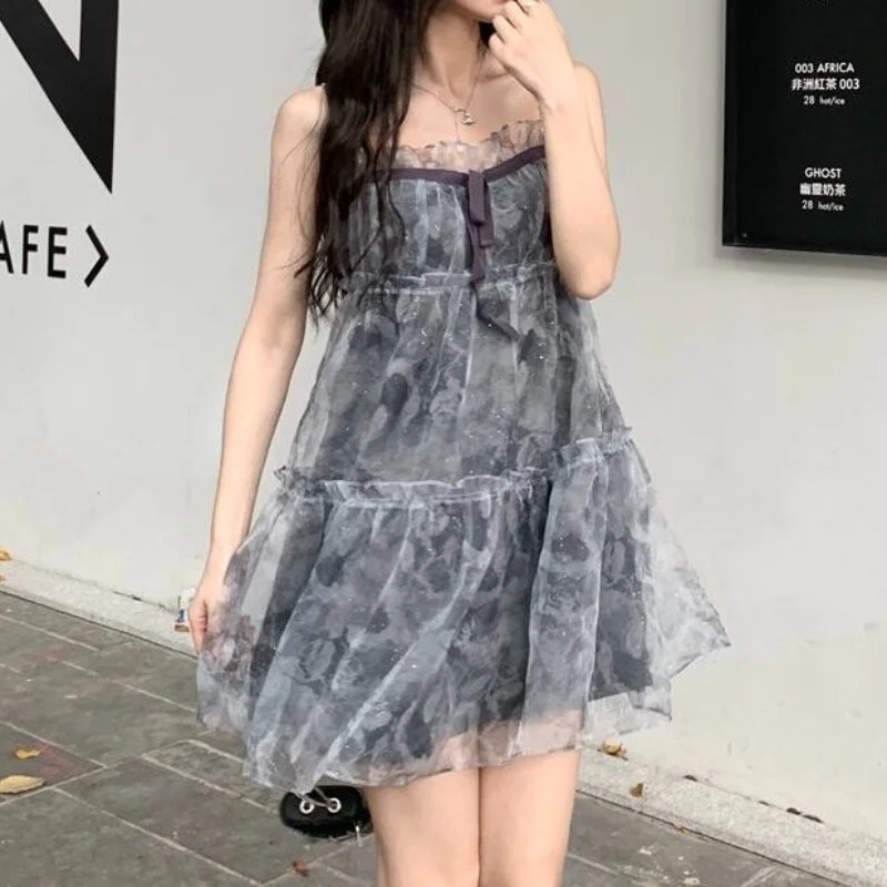 Jangj Double Layer Chiffon Lace Suspender Dress 2022 Summer Korean Style Sweet Style Doll Dress Causal Cute Dress for Female