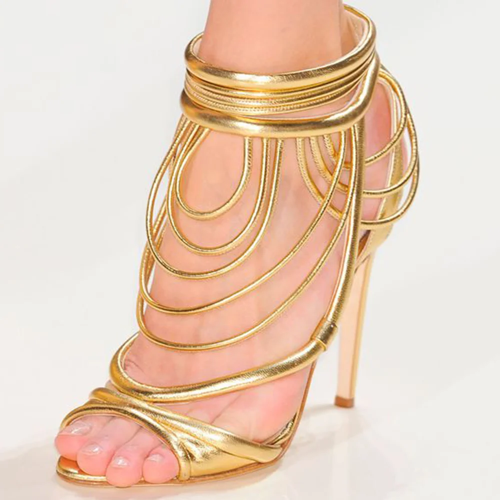 Gold Vegan Leather Opened Toe Strappy Sandals With Stiletto Heels Nicepairs