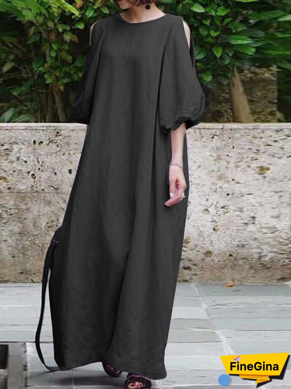 Solid Color Half Puff Sleeve O-neck Maxi Dress