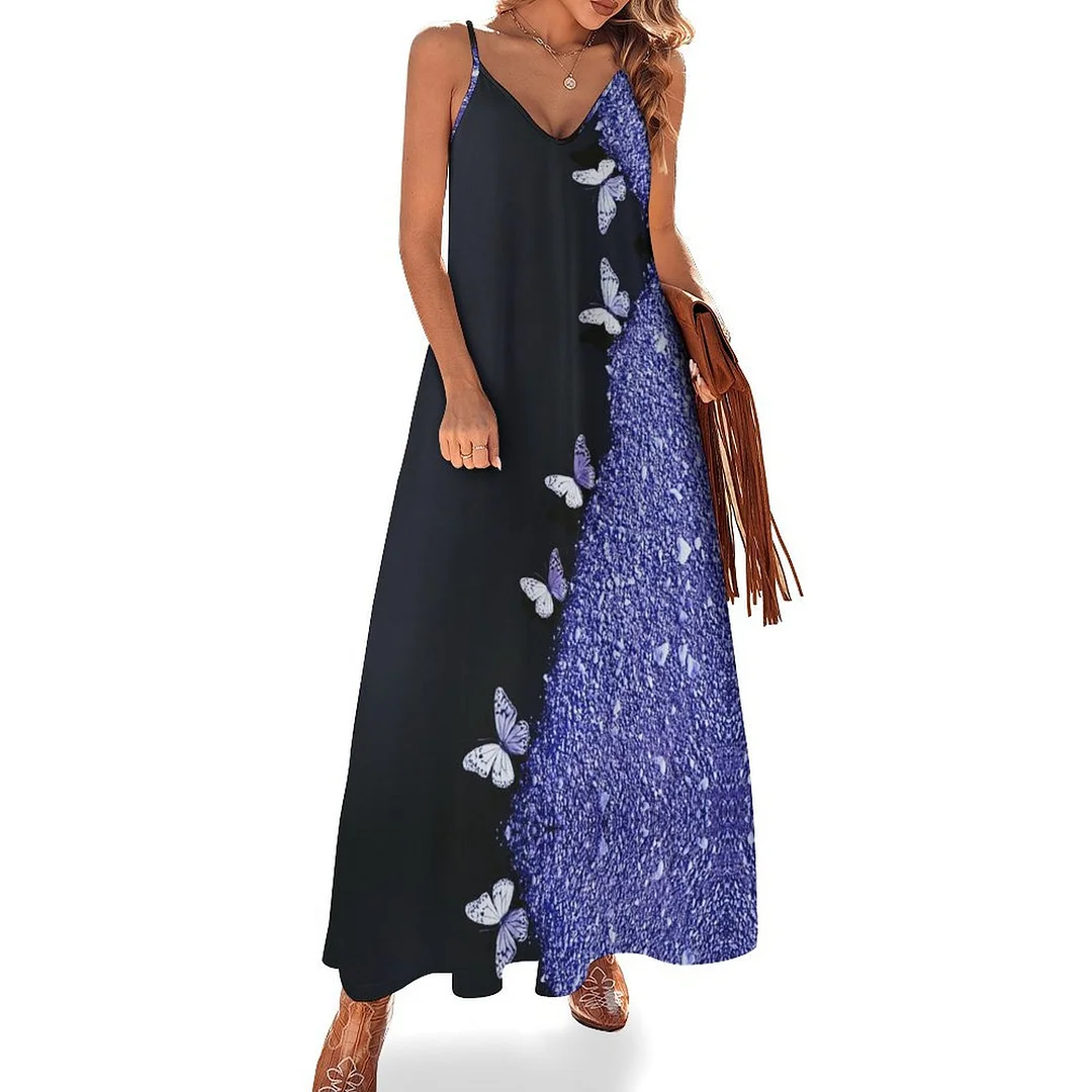 Style & Comfort for Mature Women Plus Size Printed Sling Casual Women Maxi Dress in Pattern Purple, Butterfly, Glitter