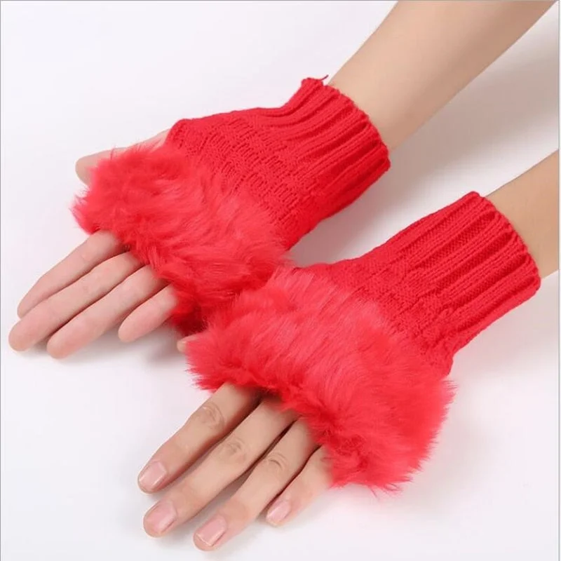 CUHAKCI Half Finger Woolen Winter Gloves Women Knitted Warm Mittens Long Imitation Rabbit Hair Lovely Fur Patchwork