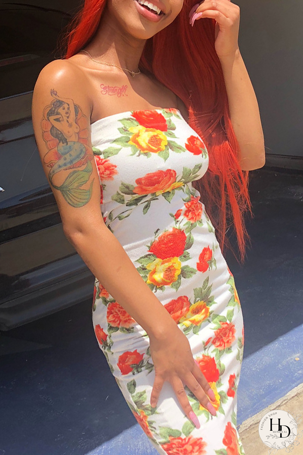 Red Street Print Split Joint Strapless Pencil Skirt Dresses